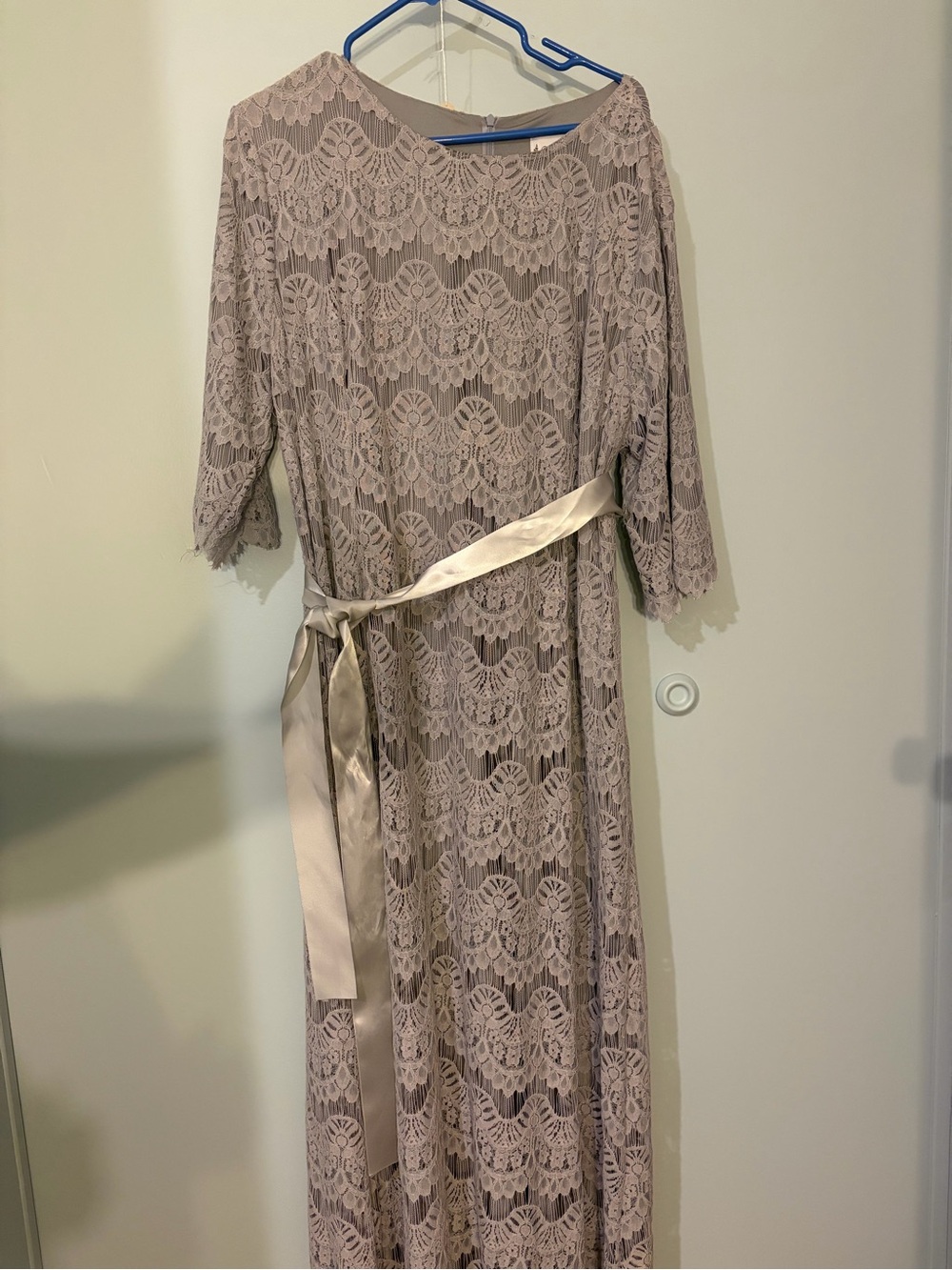 Dainty Jewells Lace Maxi Dress in Taupe with Satin Sash size 3xl